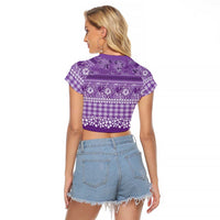 Hawaiian Hibiscus Honu Raglan Cropped T Shirt Purple Mele Kalikimaka Palaka Spirit LT9 - Polynesian Pride