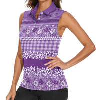 Hawaiian Hibiscus Honu Women Sleeveless Polo Shirt Purple Mele Kalikimaka Palaka Spirit - Polynesian Pride