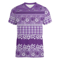 Hawaiian Hibiscus Honu Women V-Neck T-Shirt Purple Mele Kalikimaka Palaka Spirit - Polynesian Pride