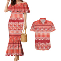 Hawaiian Hibiscus Honu Couples Matching Mermaid Dress and Hawaiian Shirt Red Mele Kalikimaka Palaka Spirit - Polynesian Pride