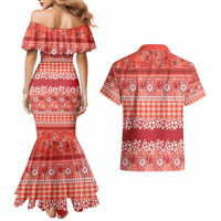Hawaiian Hibiscus Honu Couples Matching Mermaid Dress and Hawaiian Shirt Red Mele Kalikimaka Palaka Spirit - Polynesian Pride