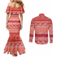 Hawaiian Hibiscus Honu Couples Matching Mermaid Dress and Long Sleeve Button Shirt Red Mele Kalikimaka Palaka Spirit - Polynesian Pride