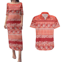 Hawaiian Hibiscus Honu Couples Matching Puletasi and Hawaiian Shirt Red Mele Kalikimaka Palaka Spirit - Polynesian Pride