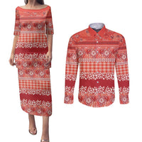 Hawaiian Hibiscus Honu Couples Matching Puletasi and Long Sleeve Button Shirt Red Mele Kalikimaka Palaka Spirit LT9 Red - Polynesian Pride
