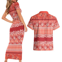 Hawaiian Hibiscus Honu Couples Matching Short Sleeve Bodycon Dress and Hawaiian Shirt Red Mele Kalikimaka Palaka Spirit - Polynesian Pride