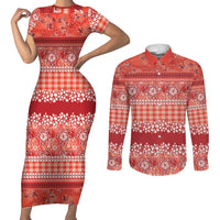 Hawaiian Hibiscus Honu Couples Matching Short Sleeve Bodycon Dress and Long Sleeve Button Shirt Red Mele Kalikimaka Palaka Spirit - Polynesian Pride