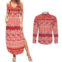 Hawaiian Hibiscus Honu Couples Matching Summer Maxi Dress and Long Sleeve Button Shirt Red Mele Kalikimaka Palaka Spirit - Polynesian Pride