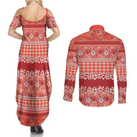 Hawaiian Hibiscus Honu Couples Matching Summer Maxi Dress and Long Sleeve Button Shirt Red Mele Kalikimaka Palaka Spirit - Polynesian Pride