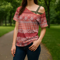 Hawaiian Hibiscus Honu Cross Shoulder Shirt Red Mele Kalikimaka Palaka Spirit LT9 - Polynesian Pride