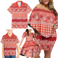 Hawaiian Hibiscus Honu Family Matching Off Shoulder Short Dress and Hawaiian Shirt Red Mele Kalikimaka Palaka Spirit - Polynesian Pride