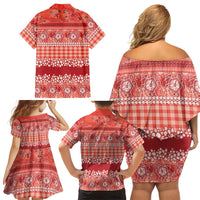 Hawaiian Hibiscus Honu Family Matching Off Shoulder Short Dress and Hawaiian Shirt Red Mele Kalikimaka Palaka Spirit - Polynesian Pride