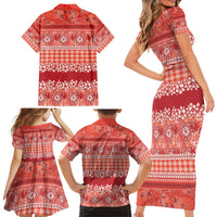 Hawaiian Hibiscus Honu Family Matching Short Sleeve Bodycon Dress and Hawaiian Shirt Red Mele Kalikimaka Palaka Spirit - Polynesian Pride