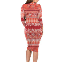 Hawaiian Hibiscus Honu Long Sleeve Bodycon Dress Red Mele Kalikimaka Palaka Spirit - Polynesian Pride