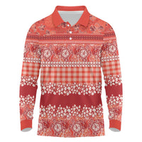 Hawaiian Hibiscus Honu Long Sleeve Polo Shirt Red Mele Kalikimaka Palaka Spirit - Polynesian Pride