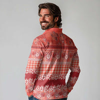 Hawaiian Hibiscus Honu Long Sleeve Polo Shirt Red Mele Kalikimaka Palaka Spirit - Polynesian Pride