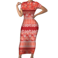 Hawaiian Hibiscus Honu Short Sleeve Bodycon Dress Red Mele Kalikimaka Palaka Spirit LT9 Long Dress Red - Polynesian Pride