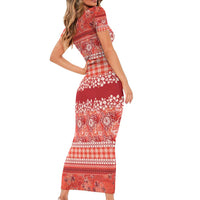 Hawaiian Hibiscus Honu Short Sleeve Bodycon Dress Red Mele Kalikimaka Palaka Spirit LT9 - Polynesian Pride