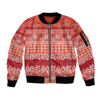 Hawaiian Hibiscus Honu Sleeve Zip Bomber Jacket Red Mele Kalikimaka Palaka Spirit - Polynesian Pride