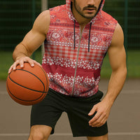 Hawaiian Hibiscus Honu Sleeveless Zip Hoodie Red Mele Kalikimaka Palaka Spirit LT9 - Polynesian Pride