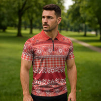 Hawaiian Hibiscus Honu Zipper Polo Shirt Red Mele Kalikimaka Palaka Spirit LT9 - Polynesian Pride