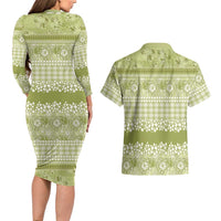 Hawaiian Hibiscus Honu Couples Matching Long Sleeve Bodycon Dress and Hawaiian Shirt Sage Green Mele Kalikimaka Palaka Spirit - Polynesian Pride