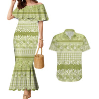 Hawaiian Hibiscus Honu Couples Matching Mermaid Dress and Hawaiian Shirt Sage Green Mele Kalikimaka Palaka Spirit - Polynesian Pride
