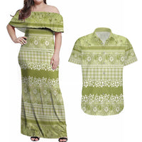 Hawaiian Hibiscus Honu Couples Matching Off Shoulder Maxi Dress and Hawaiian Shirt Sage Green Mele Kalikimaka Palaka Spirit - Polynesian Pride
