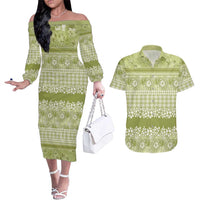 Hawaiian Hibiscus Honu Couples Matching Off The Shoulder Long Sleeve Dress and Hawaiian Shirt Sage Green Mele Kalikimaka Palaka Spirit - Polynesian Pride