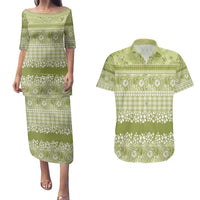 Hawaiian Hibiscus Honu Couples Matching Puletasi and Hawaiian Shirt Sage Green Mele Kalikimaka Palaka Spirit - Polynesian Pride