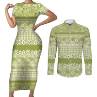Hawaiian Hibiscus Honu Couples Matching Short Sleeve Bodycon Dress and Long Sleeve Button Shirt Sage Green Mele Kalikimaka Palaka Spirit - Polynesian Pride