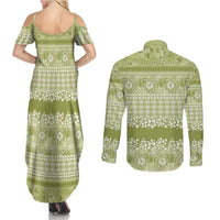 Hawaiian Hibiscus Honu Couples Matching Summer Maxi Dress and Long Sleeve Button Shirt Sage Green Mele Kalikimaka Palaka Spirit - Polynesian Pride