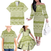 Hawaiian Hibiscus Honu Family Matching Off The Shoulder Long Sleeve Dress and Hawaiian Shirt Sage Green Mele Kalikimaka Palaka Spirit - Polynesian Pride