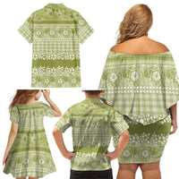 Hawaiian Hibiscus Honu Family Matching Off Shoulder Short Dress and Hawaiian Shirt Sage Green Mele Kalikimaka Palaka Spirit - Polynesian Pride
