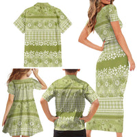 Hawaiian Hibiscus Honu Family Matching Short Sleeve Bodycon Dress and Hawaiian Shirt Sage Green Mele Kalikimaka Palaka Spirit - Polynesian Pride