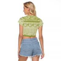 Hawaiian Hibiscus Honu Raglan Cropped T Shirt Sage Green Mele Kalikimaka Palaka Spirit LT9 - Polynesian Pride