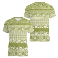 Hawaiian Hibiscus Honu Women V-Neck T-Shirt Sage Green Mele Kalikimaka Palaka Spirit - Polynesian Pride