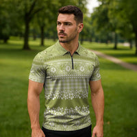 Hawaiian Hibiscus Honu Zipper Polo Shirt Sage Green Mele Kalikimaka Palaka Spirit - Polynesian Pride