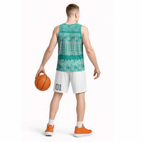 Hawaiian Hibiscus Honu Basketball Jersey Turquoise Mele Kalikimaka Palaka Spirit - Polynesian Pride
