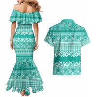 Hawaiian Hibiscus Honu Couples Matching Mermaid Dress and Hawaiian Shirt Turquoise Mele Kalikimaka Palaka Spirit - Polynesian Pride