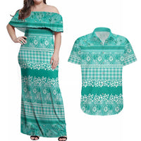 Hawaiian Hibiscus Honu Couples Matching Off Shoulder Maxi Dress and Hawaiian Shirt Turquoise Mele Kalikimaka Palaka Spirit - Polynesian Pride
