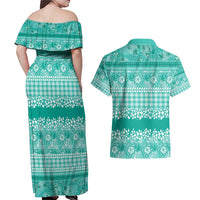 Hawaiian Hibiscus Honu Couples Matching Off Shoulder Maxi Dress and Hawaiian Shirt Turquoise Mele Kalikimaka Palaka Spirit - Polynesian Pride