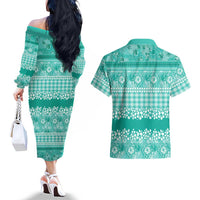 Hawaiian Hibiscus Honu Couples Matching Off The Shoulder Long Sleeve Dress and Hawaiian Shirt Turquoise Mele Kalikimaka Palaka Spirit - Polynesian Pride