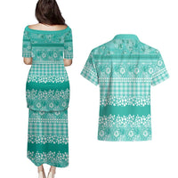Hawaiian Hibiscus Honu Couples Matching Puletasi and Hawaiian Shirt Turquoise Mele Kalikimaka Palaka Spirit - Polynesian Pride