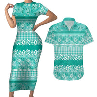 Hawaiian Hibiscus Honu Couples Matching Short Sleeve Bodycon Dress and Hawaiian Shirt Turquoise Mele Kalikimaka Palaka Spirit - Polynesian Pride