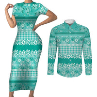 Hawaiian Hibiscus Honu Couples Matching Short Sleeve Bodycon Dress and Long Sleeve Button Shirt Turquoise Mele Kalikimaka Palaka Spirit - Polynesian Pride