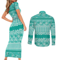 Hawaiian Hibiscus Honu Couples Matching Short Sleeve Bodycon Dress and Long Sleeve Button Shirt Turquoise Mele Kalikimaka Palaka Spirit - Polynesian Pride