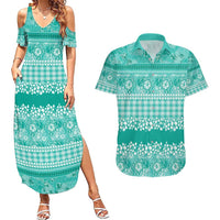 Hawaiian Hibiscus Honu Couples Matching Summer Maxi Dress and Hawaiian Shirt Turquoise Mele Kalikimaka Palaka Spirit - Polynesian Pride