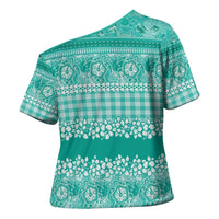 Hawaiian Hibiscus Honu Cross Shoulder Shirt Turquoise Mele Kalikimaka Palaka Spirit - Polynesian Pride