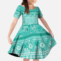 Hawaiian Hibiscus Honu Family Matching Off The Shoulder Long Sleeve Dress and Hawaiian Shirt Turquoise Mele Kalikimaka Palaka Spirit - Polynesian Pride