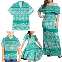 Hawaiian Hibiscus Honu Family Matching Off Shoulder Maxi Dress and Hawaiian Shirt Turquoise Mele Kalikimaka Palaka Spirit - Polynesian Pride